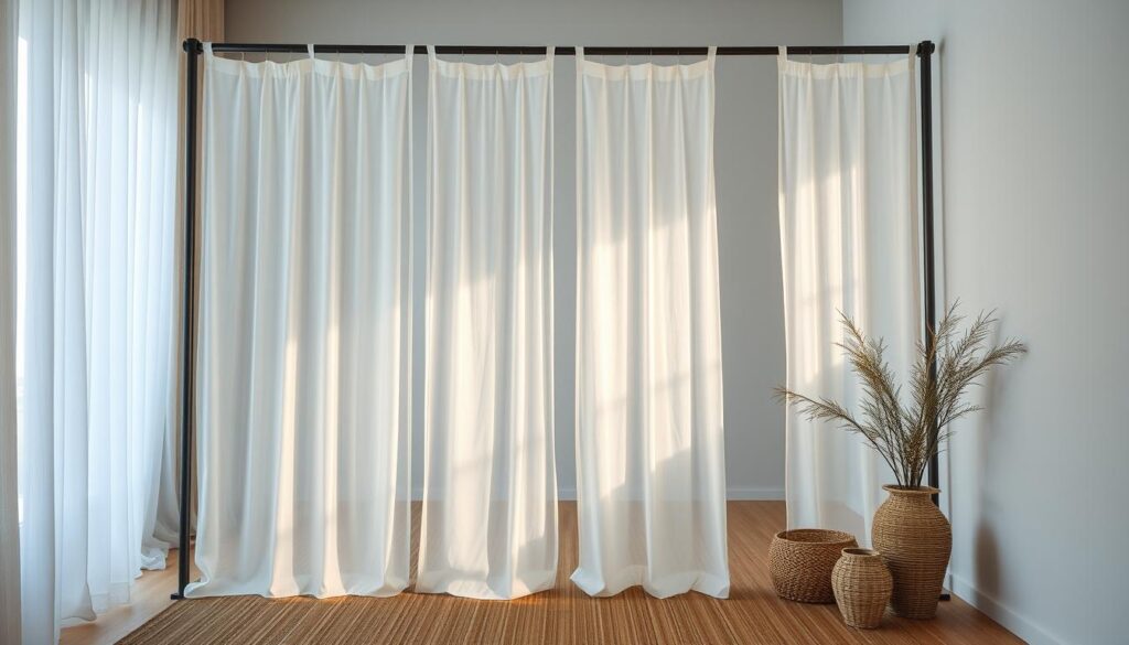 A serene and minimalist space-efficient room divider, with sheer curtains suspended from a modern metal frame, casting soft, atmospheric lighting throughout the room. The fabric gracefully flows, creating a sense of privacy and intimacy while maintaining an open, airy feel. A blend of natural textures, such as bamboo flooring and woven baskets, complements the modern, industrial-inspired design. The composition emphasizes the interplay of light and shadow, highlighting the flexible and adaptable nature of this fabric-based room division solution. A serene and minimalist space-efficient room divider, with sheer curtains suspended from a modern metal frame, casting soft, atmospheric lighting throughout the room. The fabric gracefully flows, creating a sense of privacy and intimacy while maintaining an open, airy feel. A blend of natural textures, such as bamboo flooring and woven baskets, complements the modern, industrial-inspired design. The composition emphasizes the interplay of light and shadow, highlighting the flexible and adaptable nature of this fabric-based room division solution.