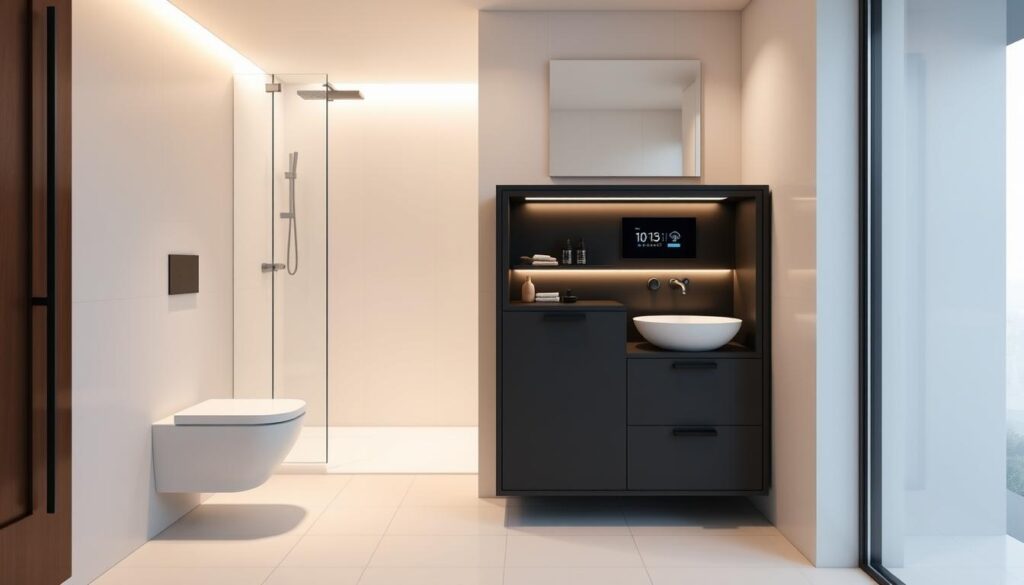 A sleek, minimalist bathroom interior with a compact container-style vanity unit seamlessly integrated with contemporary smart home technology. The vanity features a recessed touch-screen display, wireless charging pad, and discreet storage compartments. Indirect lighting casts a warm, ambient glow, while large windows provide abundant natural illumination. Clean, white tiles line the walls and floor, complemented by matte black hardware. A floating, wall-mounted toilet and shower enclosure maximize the sense of openness and space. The overall aesthetic is one of efficiency, convenience, and elegant simplicity - a perfect blend of form and function for the modern, space-conscious homeowner. A sleek, minimalist bathroom interior with a compact container-style vanity unit seamlessly integrated with contemporary smart home technology. The vanity features a recessed touch-screen display, wireless charging pad, and discreet storage compartments. Indirect lighting casts a warm, ambient glow, while large windows provide abundant natural illumination. Clean, white tiles line the walls and floor, complemented by matte black hardware. A floating, wall-mounted toilet and shower enclosure maximize the sense of openness and space. The overall aesthetic is one of efficiency, convenience, and elegant simplicity - a perfect blend of form and function for the modern, space-conscious homeowner.
