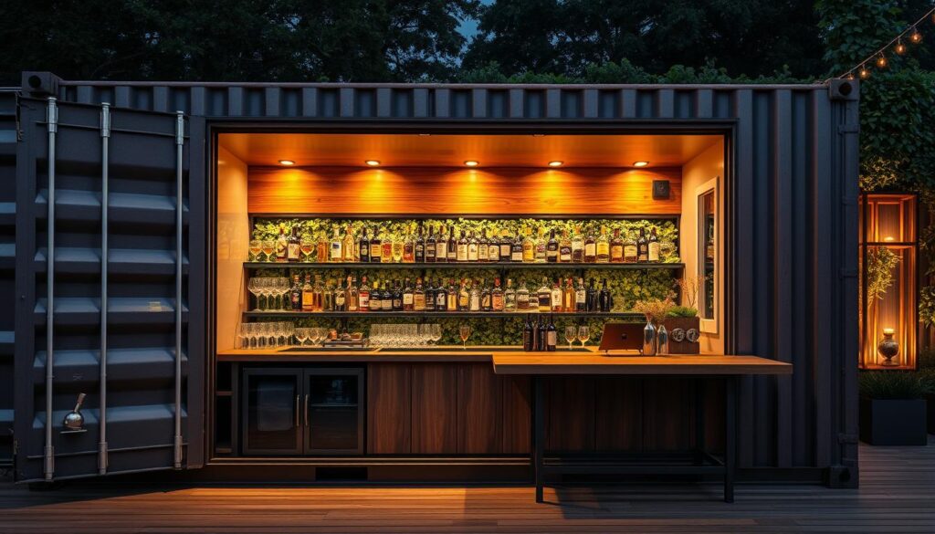 A sleek, modern shipping container bar, its facade clad in weathered steel and accented with warm wood tones. The interior is bathed in soft, ambient lighting, creating a cozy, inviting atmosphere. Stylish glassware and premium liquor bottles are neatly displayed on shelves, inviting guests to enjoy expertly crafted cocktails. The bar's layout is designed for maximum efficiency, with a well-stocked bar top and ample seating. In the background, a lush, green living wall adds a touch of natural elegance, complementing the industrial chic aesthetic. The overall scene exudes a sense of sophistication and attention to detail, perfectly suited for entertaining in an outdoor, container-based setting. A sleek, modern shipping container bar, its facade clad in weathered steel and accented with warm wood tones. The interior is bathed in soft, ambient lighting, creating a cozy, inviting atmosphere. Stylish glassware and premium liquor bottles are neatly displayed on shelves, inviting guests to enjoy expertly crafted cocktails. The bar's layout is designed for maximum efficiency, with a well-stocked bar top and ample seating. In the background, a lush, green living wall adds a touch of natural elegance, complementing the industrial chic aesthetic. The overall scene exudes a sense of sophistication and attention to detail, perfectly suited for entertaining in an outdoor, container-based setting.