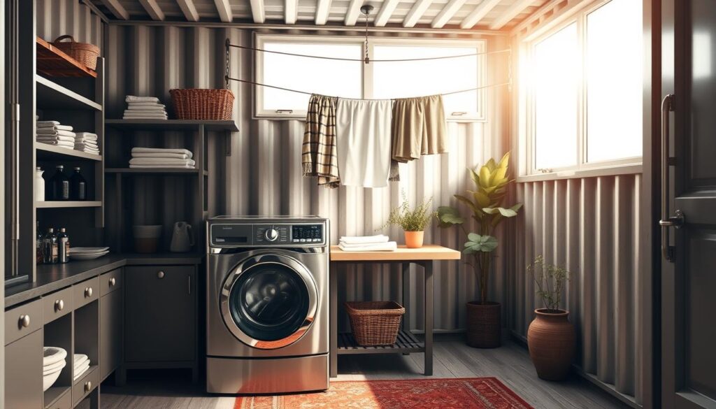 A spacious yet cozy shipping container laundry room, bathed in soft natural lighting filtering through large windows. In the foreground, state-of-the-art front-loading washer and dryer units stand side by side, their stainless steel surfaces gleaming. Shelves and cabinets along the walls provide ample storage for detergents, supplies, and folded linens. The middle ground features a functional folding table, complemented by a retractable clothesline above. In the background, the weathered corrugated metal walls of the container create a rustic, industrial ambiance, while strategic placement of potted plants and natural decor elements infuse the space with a warm, homely vibe. A spacious yet cozy shipping container laundry room, bathed in soft natural lighting filtering through large windows. In the foreground, state-of-the-art front-loading washer and dryer units stand side by side, their stainless steel surfaces gleaming. Shelves and cabinets along the walls provide ample storage for detergents, supplies, and folded linens. The middle ground features a functional folding table, complemented by a retractable clothesline above. In the background, the weathered corrugated metal walls of the container create a rustic, industrial ambiance, while strategic placement of potted plants and natural decor elements infuse the space with a warm, homely vibe.