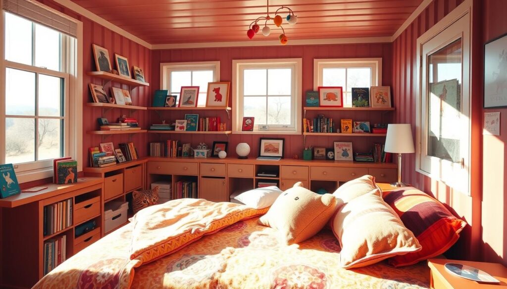 A sun-drenched container home bedroom, filled with vibrant, playful decor. In the foreground, a cozy twin bed with a cheerful patterned quilt and plush animal-shaped pillows. The middle ground showcases built-in shelves displaying a collection of children's books, toys, and framed artwork. The background features large windows flooding the space with warm natural light, complemented by a whimsical mobile hanging from the ceiling. Soft, diffused lighting creates a calm, inviting atmosphere, perfect for a child's imagination to thrive. A sun-drenched container home bedroom, filled with vibrant, playful decor. In the foreground, a cozy twin bed with a cheerful patterned quilt and plush animal-shaped pillows. The middle ground showcases built-in shelves displaying a collection of children's books, toys, and framed artwork. The background features large windows flooding the space with warm natural light, complemented by a whimsical mobile hanging from the ceiling. Soft, diffused lighting creates a calm, inviting atmosphere, perfect for a child's imagination to thrive.