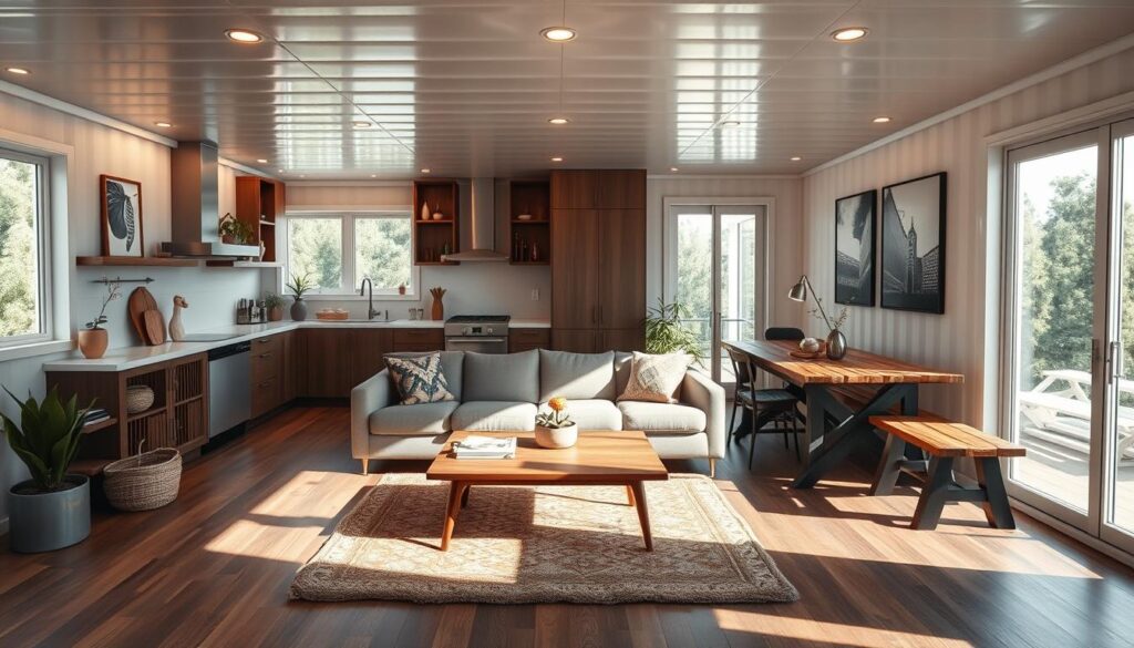A sun-drenched open-concept container home interior, featuring a central living area with a plush sectional sofa and mid-century modern coffee table. Surrounding the living space are distinct zones - a sleek minimalist kitchen with wood and steel accents, and a cozy dining nook with a rustic wooden table and bench seating. Warm lighting from recessed fixtures and large windows create a bright, airy atmosphere. The space is decorated with potted plants, curated artwork, and natural textures that seamlessly blend the indoor and outdoor living. A wide-angle lens captures the cohesive, spacious flow of the container's efficient layout. A sun-drenched open-concept container home interior, featuring a central living area with a plush sectional sofa and mid-century modern coffee table. Surrounding the living space are distinct zones - a sleek minimalist kitchen with wood and steel accents, and a cozy dining nook with a rustic wooden table and bench seating. Warm lighting from recessed fixtures and large windows create a bright, airy atmosphere. The space is decorated with potted plants, curated artwork, and natural textures that seamlessly blend the indoor and outdoor living. A wide-angle lens captures the cohesive, spacious flow of the container's efficient layout.