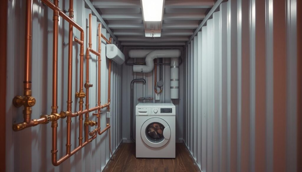 A well-lit, high-angle view of a shipping container interior undergoing plumbing installation for a laundry room conversion. The foreground showcases a network of copper pipes, valves, and fittings neatly routed through the container's steel frame. In the middle ground, a utility sink and washing machine are visible, with connections to the plumbing system. The background reveals the container's industrial-chic aesthetic, with exposed beams and ventilation ducts. The scene conveys a sense of precision, functionality, and the transformation of a utilitarian space into a practical, modern laundry room. A well-lit, high-angle view of a shipping container interior undergoing plumbing installation for a laundry room conversion. The foreground showcases a network of copper pipes, valves, and fittings neatly routed through the container's steel frame. In the middle ground, a utility sink and washing machine are visible, with connections to the plumbing system. The background reveals the container's industrial-chic aesthetic, with exposed beams and ventilation ducts. The scene conveys a sense of precision, functionality, and the transformation of a utilitarian space into a practical, modern laundry room.
