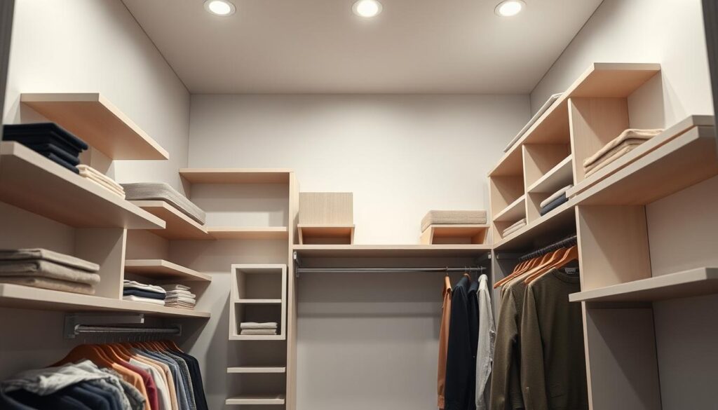 A well-lit, modern closet with an array of innovative storage solutions mounted on the walls and suspended from the ceiling. Sleek, minimalist shelves, modular cubbies, and hanging rods create a visually-appealing and efficiently-organized space. Soft, diffused lighting highlights the clean, functional design. A wide-angle lens captures the depth and scale of the closet, emphasizing the creative use of vertical space. The overall atmosphere is one of thoughtful, minimalist organization, hinting at the transformative potential of these storage ideas for small spaces. A well-lit, modern closet with an array of innovative storage solutions mounted on the walls and suspended from the ceiling. Sleek, minimalist shelves, modular cubbies, and hanging rods create a visually-appealing and efficiently-organized space. Soft, diffused lighting highlights the clean, functional design. A wide-angle lens captures the depth and scale of the closet, emphasizing the creative use of vertical space. The overall atmosphere is one of thoughtful, minimalist organization, hinting at the transformative potential of these storage ideas for small spaces.