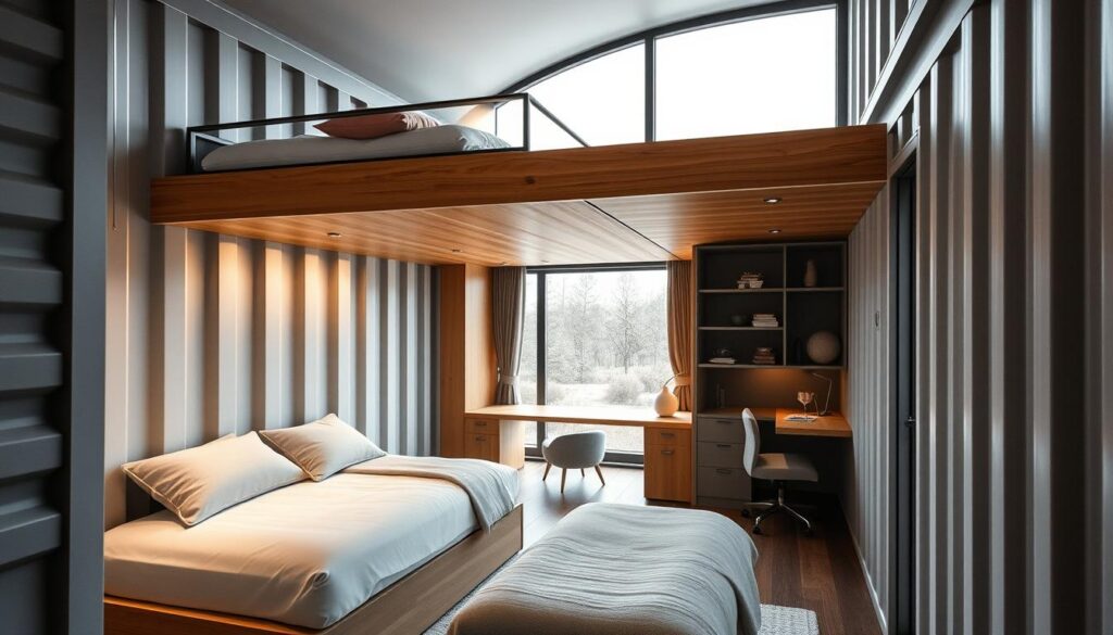 A well-lit, spacious loft bedroom nestled within a modern shipping container. In the foreground, a cozy double-sized loft bed with clean, minimalist lines and warm wooden accents. Beneath, ample storage space and a comfortable seating area. The middle ground showcases cleverly integrated work or study nook, with a sleek desk and task lighting. Expansive windows in the background flood the space with natural light, blending the indoor and outdoor environments. Muted tones of gray, white, and wood create a calming, contemporary ambiance. Soft ambient lighting casts a gentle glow, highlighting the efficient use of the container's vertical space. An inviting, functional loft that seamlessly adapts a shipping container into a stylish, livable bedroom. A well-lit, spacious loft bedroom nestled within a modern shipping container. In the foreground, a cozy double-sized loft bed with clean, minimalist lines and warm wooden accents. Beneath, ample storage space and a comfortable seating area. The middle ground showcases cleverly integrated work or study nook, with a sleek desk and task lighting. Expansive windows in the background flood the space with natural light, blending the indoor and outdoor environments. Muted tones of gray, white, and wood create a calming, contemporary ambiance. Soft ambient lighting casts a gentle glow, highlighting the efficient use of the container's vertical space. An inviting, functional loft that seamlessly adapts a shipping container into a stylish, livable bedroom.