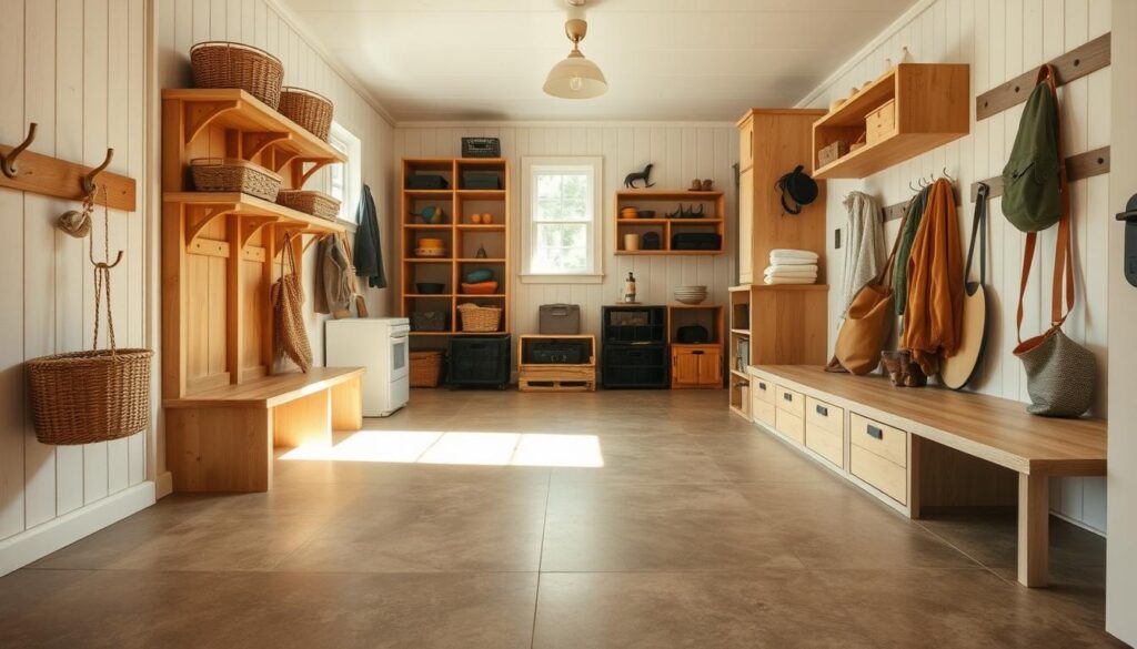 A well-lit, spacious mudroom interior with a focus on budget-friendly materials and furnishings. In the foreground, a row of sturdy, natural wood hooks and shelves adorned with simple baskets and containers. The middle ground features a large, durable vinyl or linoleum floor tile in a neutral, earthy tone. In the background, a mix of inexpensive, repurposed storage solutions like crates, cubbies, and floating wall-mounted units. Bright, diffused natural lighting floods the space, creating a warm, inviting atmosphere. The overall aesthetic conveys a practical, minimalist approach to mudroom design for a container home.