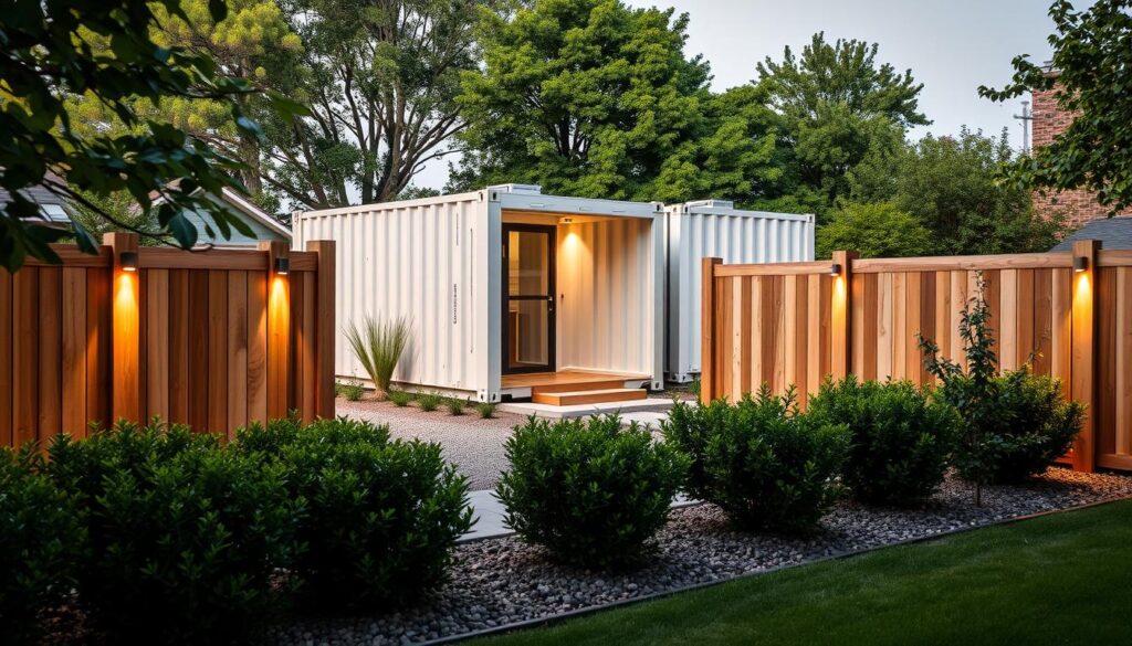 A well-lit, wide-angle view of a modern shipping container home surrounded by a well-designed, minimalist fence system that complies with local regulations. The fence features clean lines, natural materials like wood and metal, and discreet integrated lighting. In the foreground, neatly trimmed shrubs and gravel pathways lead to the container's entrance. The middle ground showcases the thoughtful integration of the fence with the container's architecture, while the background hints at a lush, private yard obeying setback rules. The overall atmosphere is one of stylish, sustainable living within the constraints of local zoning.