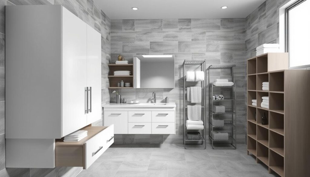 A well-organized container bathroom with numerous innovative storage solutions. A large wall-mounted cabinet with adjustable shelves dominates the foreground, its sleek, minimalist design complementing the modern, tiled walls. In the middle ground, a floating vanity with built-in drawers and a recessed medicine cabinet creates additional storage space, while a sturdy wire rack on the side wall holds towels and other essentials. The background features a freestanding storage unit with open cubbies, providing a visual balance and practical organization. Soft, even lighting illuminates the scene, highlighting the clean lines and efficient use of space, creating a serene, spa-like atmosphere. A well-organized container bathroom with numerous innovative storage solutions. A large wall-mounted cabinet with adjustable shelves dominates the foreground, its sleek, minimalist design complementing the modern, tiled walls. In the middle ground, a floating vanity with built-in drawers and a recessed medicine cabinet creates additional storage space, while a sturdy wire rack on the side wall holds towels and other essentials. The background features a freestanding storage unit with open cubbies, providing a visual balance and practical organization. Soft, even lighting illuminates the scene, highlighting the clean lines and efficient use of space, creating a serene, spa-like atmosphere.