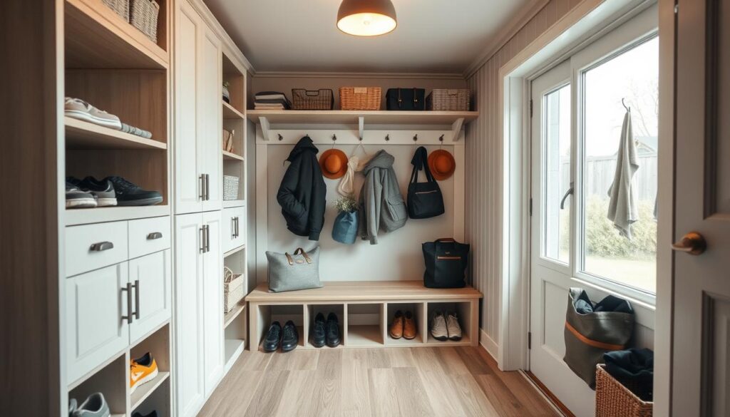 A well-organized mudroom storage space with a mix of open shelving, cubbies, and closed cabinets. The foreground showcases a tall storage unit with ample space for shoes, baskets, and small items. The middle ground features a bench with coat hooks above, providing a convenient spot to sit and remove outdoor gear. The background displays a pegboard system with hooks for hanging bags, hats, and other accessories. The scene is illuminated by a combination of warm overhead lighting and natural light filtering in through a large window, creating a bright and inviting atmosphere. The overall design prioritizes functionality, organization, and a cohesive visual aesthetic suitable for a small mudroom in a container home.