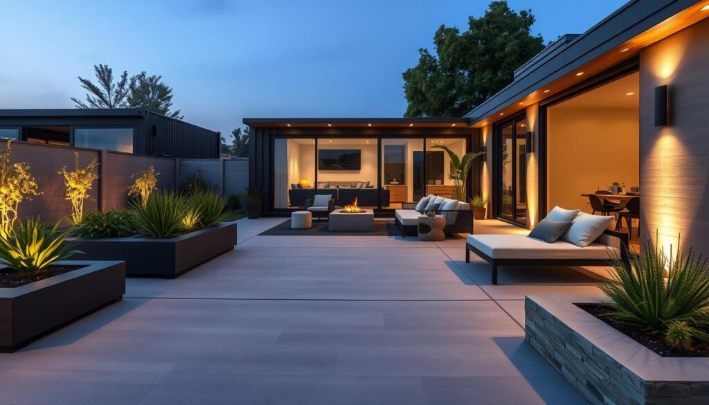 An outdoor living space with a sleek, modern design that seamlessly integrates with the architecture of a shipping container home. In the foreground, a spacious patio with high-quality hardscaping materials, such as smooth concrete pavers and natural stone accents. Strategically placed planters with lush, drought-resistant foliage add pops of greenery. In the middle ground, a minimalist seating arrangement with clean-lined furniture and a fire pit or water feature, creating a cozy ambiance. The background features a backdrop of the container home's sleek, industrial silhouette, accentuated by warm, directional lighting that casts a gentle glow over the entire scene. The overall atmosphere is one of sophistication, functionality, and a harmonious blend of natural and man-made elements. An outdoor living space with a sleek, modern design that seamlessly integrates with the architecture of a shipping container home. In the foreground, a spacious patio with high-quality hardscaping materials, such as smooth concrete pavers and natural stone accents. Strategically placed planters with lush, drought-resistant foliage add pops of greenery. In the middle ground, a minimalist seating arrangement with clean-lined furniture and a fire pit or water feature, creating a cozy ambiance. The background features a backdrop of the container home's sleek, industrial silhouette, accentuated by warm, directional lighting that casts a gentle glow over the entire scene. The overall atmosphere is one of sophistication, functionality, and a harmonious blend of natural and man-made elements.
