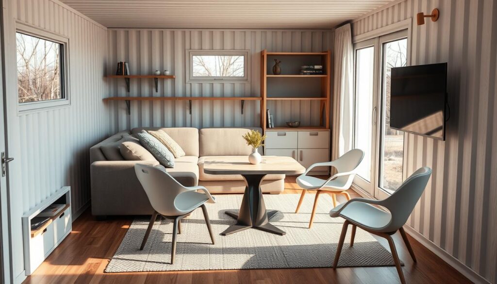 Compact, multi-functional furniture in a minimalist, Scandinavian-inspired small space. A sleek, transformable sofa with hidden storage and a reclining backrest, positioned in a well-lit, airy container home interior. A modular coffee table that converts into a dining surface, surrounded by streamlined chairs with hidden compartments. Floating shelves and a wall-mounted TV unit optimize the limited floor space. Warm natural lighting filters through large windows, casting soft shadows and creating a cozy, inviting atmosphere. Compact, multi-functional furniture in a minimalist, Scandinavian-inspired small space. A sleek, transformable sofa with hidden storage and a reclining backrest, positioned in a well-lit, airy container home interior. A modular coffee table that converts into a dining surface, surrounded by streamlined chairs with hidden compartments. Floating shelves and a wall-mounted TV unit optimize the limited floor space. Warm natural lighting filters through large windows, casting soft shadows and creating a cozy, inviting atmosphere.