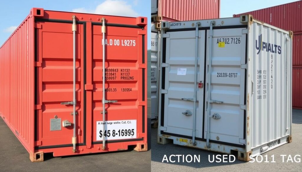 Comparison of new vs. auction shipping containers showing price differences and condition Comparison of new vs. auction shipping containers showing price differences and condition