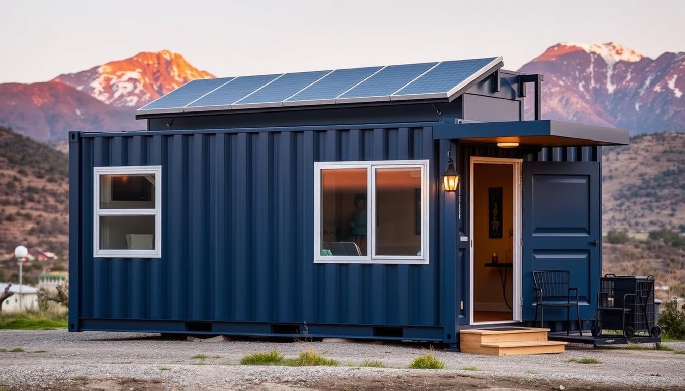 Completed shipping container camper with deck extension parked in a scenic location
