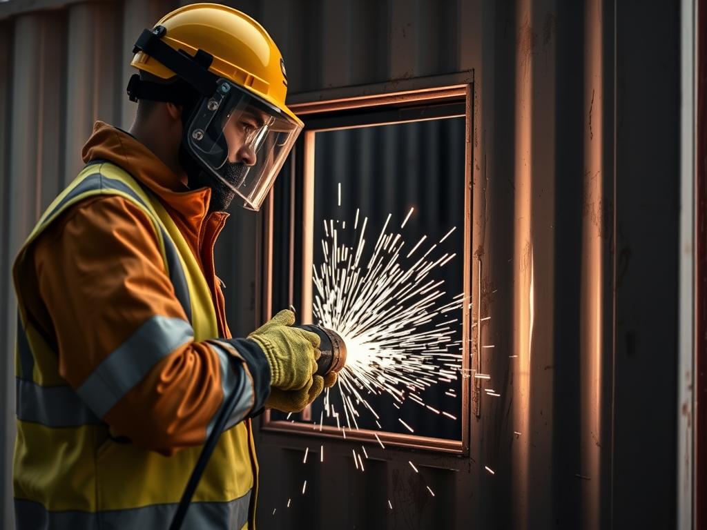 Cutting window openings in a shipping container with proper safety equipment