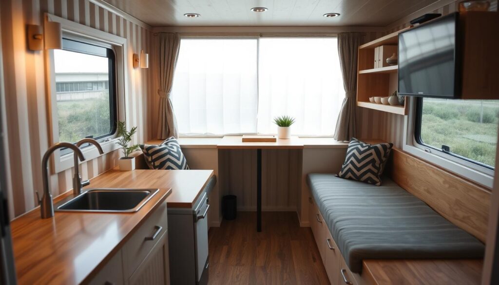 Finished interior of a shipping container camper showing efficient space usage