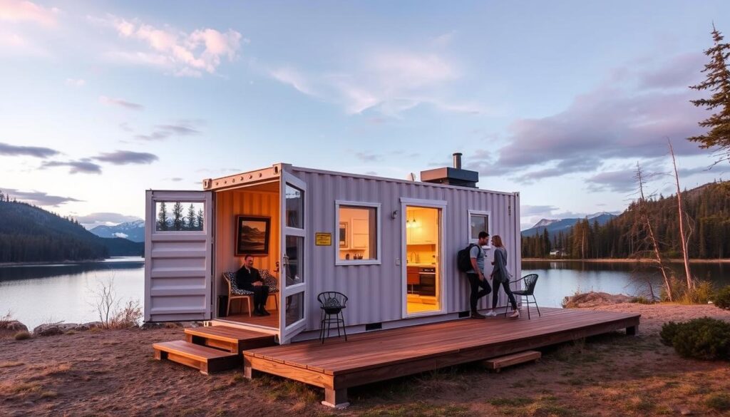 Finished shipping container camper in a beautiful outdoor setting