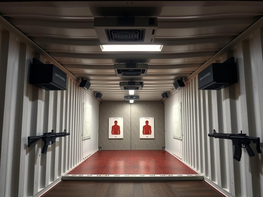 Interior of a shipping container gun range showing shooting lanes and target system Interior of a shipping container gun range showing shooting lanes and target system
