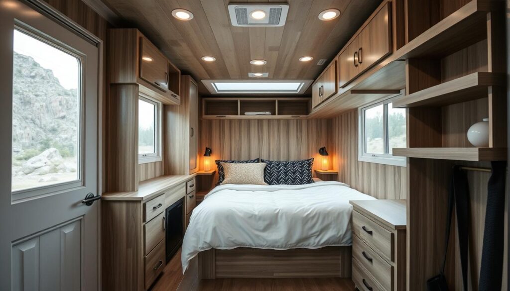 Interior of shipping container camper showing clever storage solutions