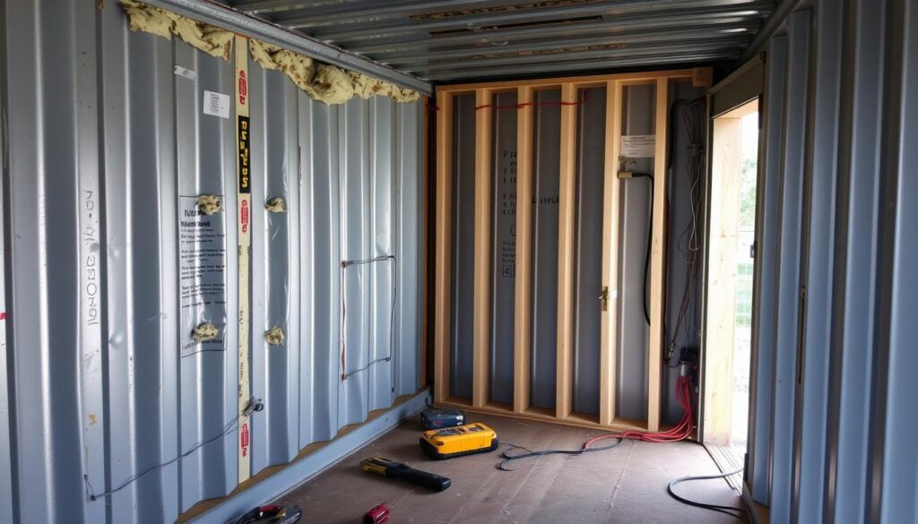 Interior of shipping container during conversion process showing framing and insulation