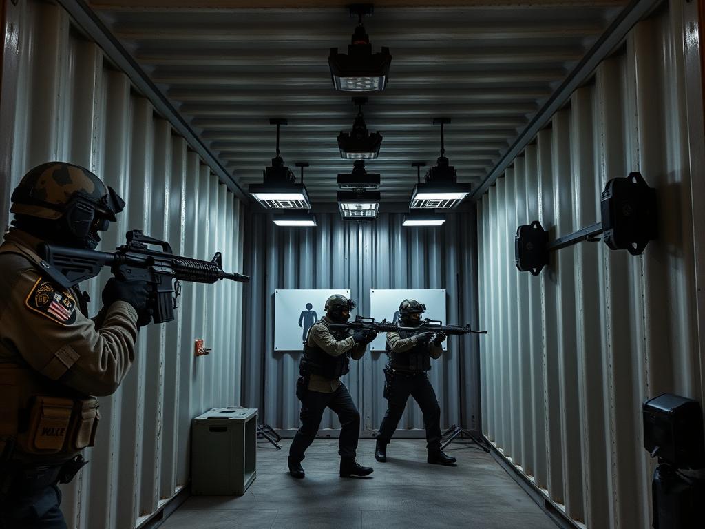 Law enforcement tactical training in a shipping container gun range Law enforcement tactical training in a shipping container gun range