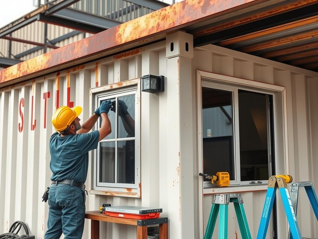 Maintenance work being performed on a shipping container coffee shop