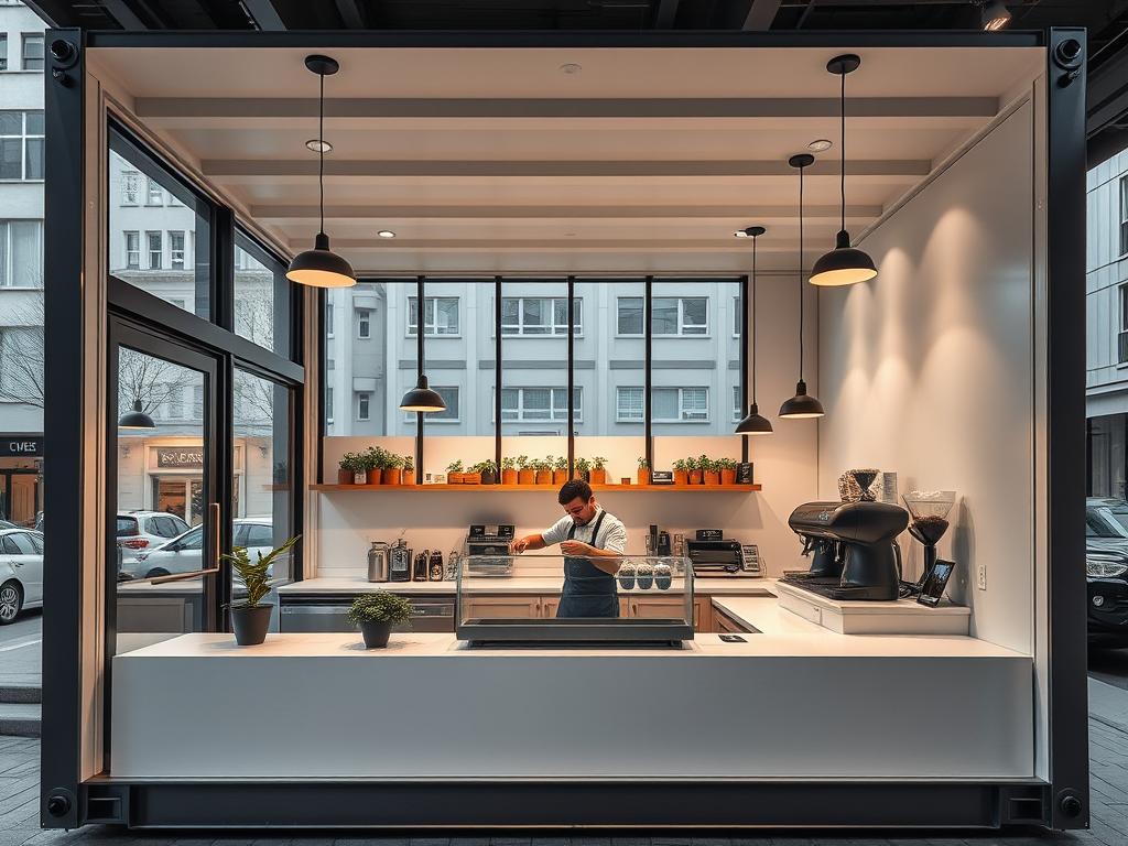 Minimalist shipping container coffee shop with clean lines and neutral colors