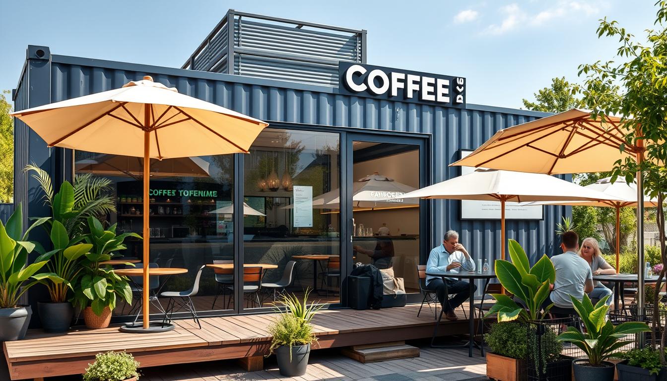 Modern shipping container coffee shop with outdoor seating area and stylish branding