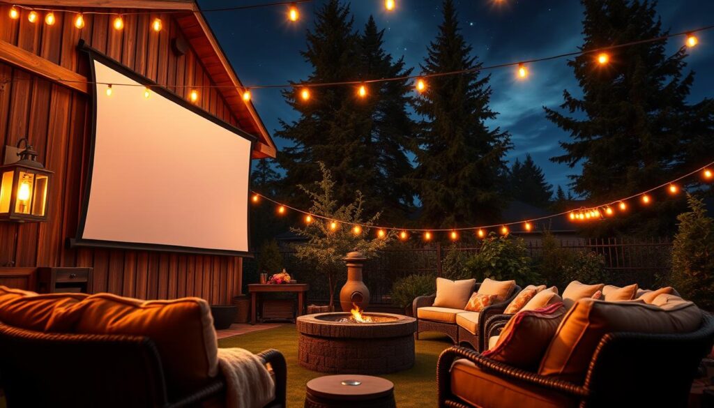 Outdoor movie night atmosphere: A warm, cozy backyard setting with a large projection screen mounted on the side of a rustic wooden structure. Stringed lights and lanterns cast a soft, ambient glow, creating an inviting ambiance. In the foreground, plush outdoor seating arranged in a semicircle, with cozy blankets and pillows. A crackling firepit or chiminea adds to the intimate, relaxed vibe. The middle ground features lush, verdant foliage, with tall trees framing the scene. The background reveals a starry night sky, with wispy clouds drifting gently overhead. The overall atmosphere is one of tranquility, nostalgia, and a touch of whimsy, perfectly setting the stage for an evening of outdoor movie magic. Outdoor movie night atmosphere: A warm, cozy backyard setting with a large projection screen mounted on the side of a rustic wooden structure. Stringed lights and lanterns cast a soft, ambient glow, creating an inviting ambiance. In the foreground, plush outdoor seating arranged in a semicircle, with cozy blankets and pillows. A crackling firepit or chiminea adds to the intimate, relaxed vibe. The middle ground features lush, verdant foliage, with tall trees framing the scene. The background reveals a starry night sky, with wispy clouds drifting gently overhead. The overall atmosphere is one of tranquility, nostalgia, and a touch of whimsy, perfectly setting the stage for an evening of outdoor movie magic.
