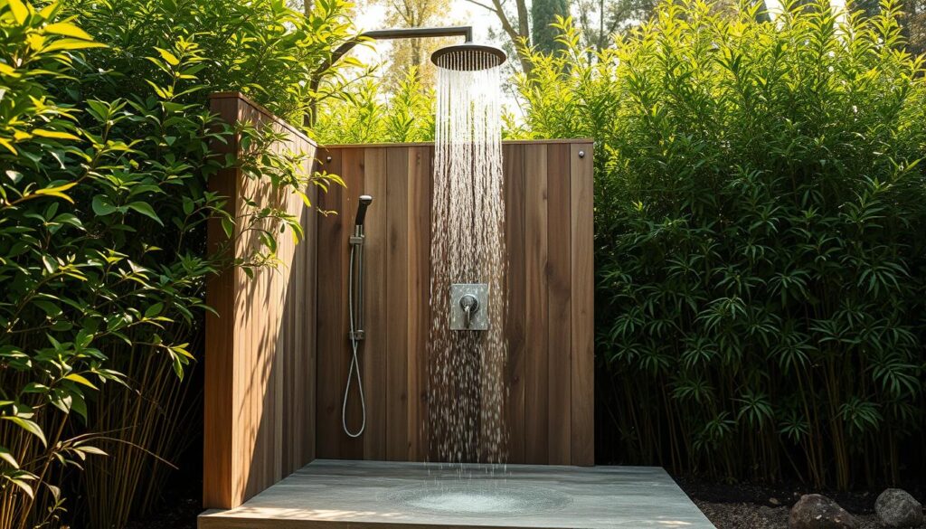 Outdoor shower installation in a lush, natural setting: A rustic, wooden outdoor shower nestled amongst tall verdant foliage, with water cascading from an overhead showerhead onto a smooth stone surface. Warm sunlight filters through the canopy, casting a soft, golden glow across the scene. The shower's simple, minimalist design blends seamlessly with the surrounding environment, creating a tranquil, spa-like atmosphere. The focal point is the shower itself, with clean lines and a weathered, textured finish that complements the organic materials used throughout. The overall composition emphasizes the harmonious integration of the shower with its natural surroundings, showcasing an ideal outdoor bathing experience. Outdoor shower installation in a lush, natural setting: A rustic, wooden outdoor shower nestled amongst tall verdant foliage, with water cascading from an overhead showerhead onto a smooth stone surface. Warm sunlight filters through the canopy, casting a soft, golden glow across the scene. The shower's simple, minimalist design blends seamlessly with the surrounding environment, creating a tranquil, spa-like atmosphere. The focal point is the shower itself, with clean lines and a weathered, textured finish that complements the organic materials used throughout. The overall composition emphasizes the harmonious integration of the shower with its natural surroundings, showcasing an ideal outdoor bathing experience.