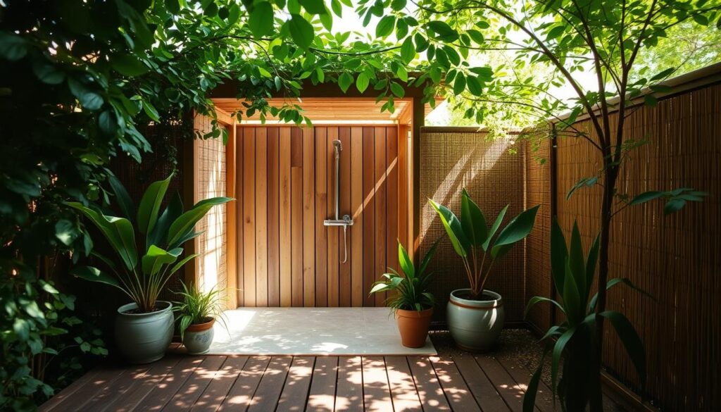 Outdoor shower privacy solutions: A serene oasis amidst natural foliage. A slatted wood enclosure with a tropical vibe, nestled under a canopy of lush greenery. Dappled sunlight filters through the leaves, casting a soft, natural glow. In the foreground, a wood-planked deck leads to the open-air shower, its tiled floor gleaming. Strategically placed potted plants and decorative bamboo screens provide discrete privacy, blending seamlessly with the earthy, organic aesthetic. The overall scene evokes a sense of tranquility and seclusion, perfect for an intimate outdoor bathing experience. Outdoor shower privacy solutions: A serene oasis amidst natural foliage. A slatted wood enclosure with a tropical vibe, nestled under a canopy of lush greenery. Dappled sunlight filters through the leaves, casting a soft, natural glow. In the foreground, a wood-planked deck leads to the open-air shower, its tiled floor gleaming. Strategically placed potted plants and decorative bamboo screens provide discrete privacy, blending seamlessly with the earthy, organic aesthetic. The overall scene evokes a sense of tranquility and seclusion, perfect for an intimate outdoor bathing experience.