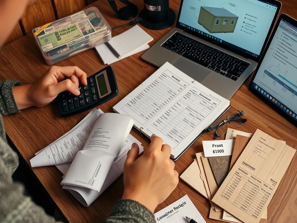 Person calculating budget for shipping container camper conversion