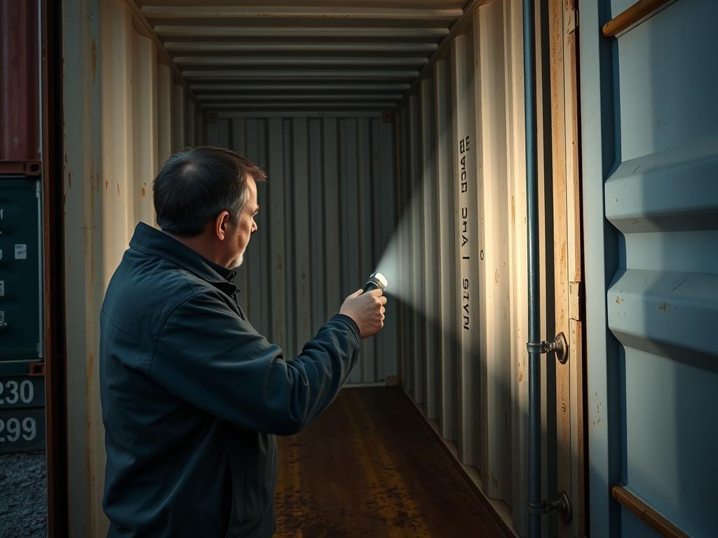 Person inspecting a shipping container at auction, checking for damage and structural integrity Person inspecting a shipping container at auction, checking for damage and structural integrity