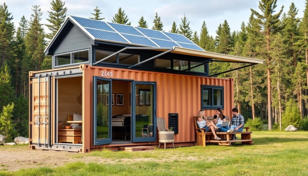 Shipping container camper with rooftop deck and outdoor living space