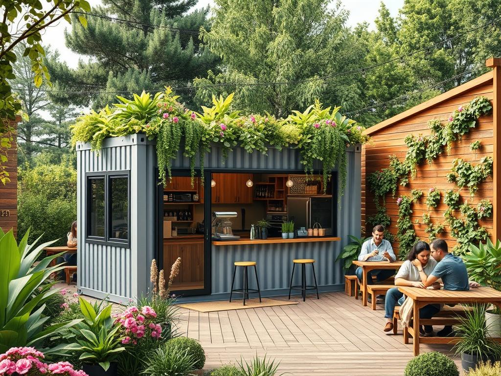 Shipping container coffee shop surrounded by lush garden with rooftop seating