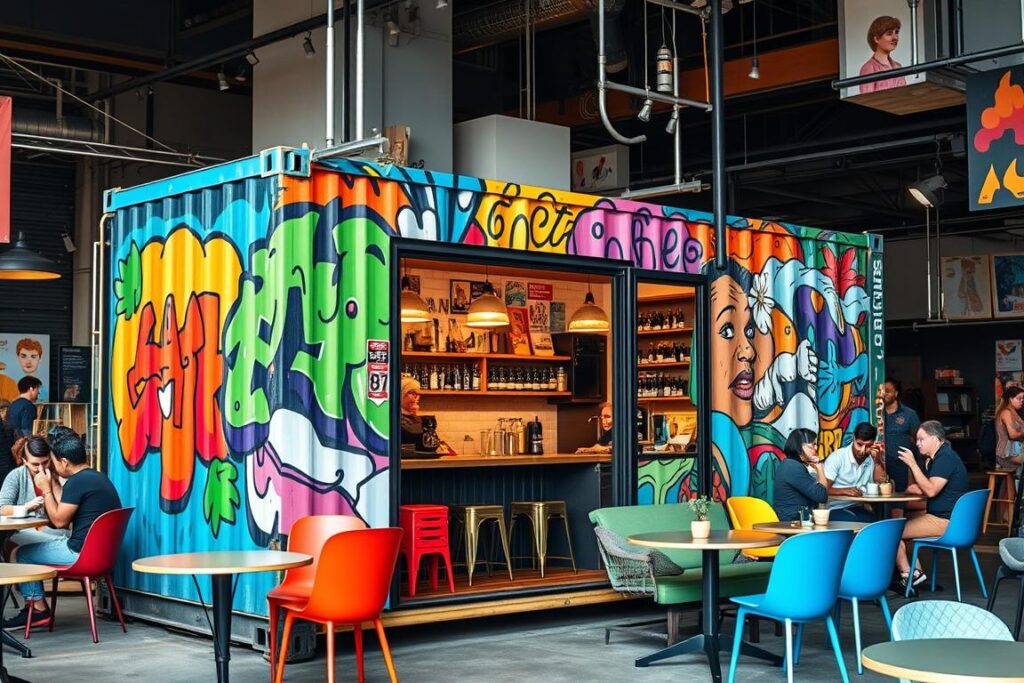 Shipping container coffee shop with colorful mural art and creative interior