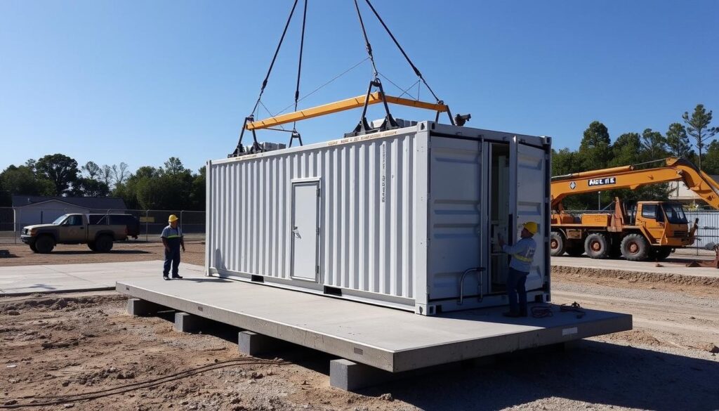 Shipping container gun range being installed at a site with crane Shipping container gun range being installed at a site with crane