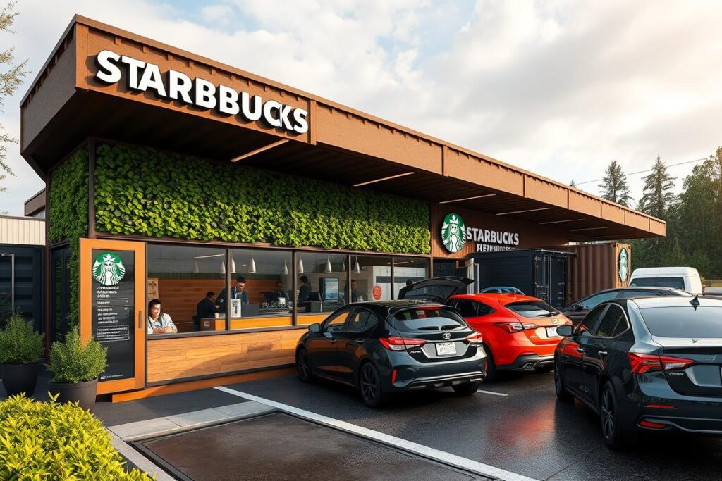 Starbucks shipping container drive-thru location with sustainable design elements