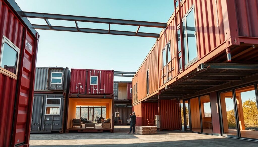 Structural Modifications and Reinforcements: a high-resolution, detailed image showcasing innovative shipping container design ideas. The foreground features a series of shipping containers in various stages of modification, with reinforced steel beams, custom windows, and meticulously planned interior layouts. The middle ground captures the containers being integrated into a larger architectural structure, utilizing the modular nature of the containers to create a cohesive, visually striking design. The background showcases the versatility of shipping containers, with creative repurposing for residential, commercial, and industrial applications. The scene is illuminated by warm, natural lighting, captured with a wide-angle lens to emphasize the scale and engineering of the structures. Structural Modifications and Reinforcements: a high-resolution, detailed image showcasing innovative shipping container design ideas. The foreground features a series of shipping containers in various stages of modification, with reinforced steel beams, custom windows, and meticulously planned interior layouts. The middle ground captures the containers being integrated into a larger architectural structure, utilizing the modular nature of the containers to create a cohesive, visually striking design. The background showcases the versatility of shipping containers, with creative repurposing for residential, commercial, and industrial applications. The scene is illuminated by warm, natural lighting, captured with a wide-angle lens to emphasize the scale and engineering of the structures.