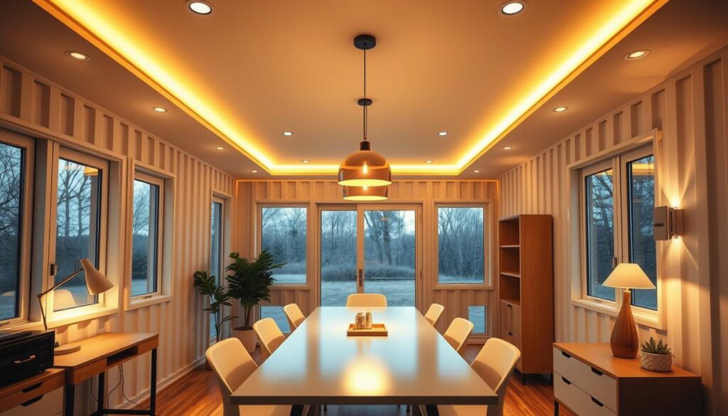 Stylish container office interior with modern lighting design. Bright, airy space with large windows, wooden floors, and minimalist furniture. Recessed ceiling lights illuminate the room, casting a warm glow across the workspace. Sleek table lamps on the desk provide focused task lighting. Pendant lights hang over a conference table, creating a sense of depth and illuminating the center of the room. Indirect wall sconces add soft, ambient light, enhancing the cozy atmosphere. Carefully considered lighting elevates the overall aesthetic, blending function and style for an exceptional container home office experience. Stylish container office interior with modern lighting design. Bright, airy space with large windows, wooden floors, and minimalist furniture. Recessed ceiling lights illuminate the room, casting a warm glow across the workspace. Sleek table lamps on the desk provide focused task lighting. Pendant lights hang over a conference table, creating a sense of depth and illuminating the center of the room. Indirect wall sconces add soft, ambient light, enhancing the cozy atmosphere. Carefully considered lighting elevates the overall aesthetic, blending function and style for an exceptional container home office experience.