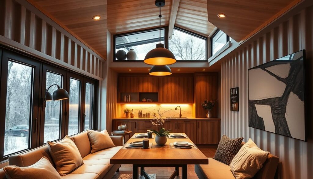 Stylish interior of a cozy container home dining room, featuring sleek modern furniture and decor. Warm lighting from overhead fixtures and large windows illuminates the space, casting a comforting glow. Wooden accents and soft textures create an inviting ambiance. The layout is thoughtfully designed to maximize the compact space, with a minimalist yet functional aesthetic. Attention to detail in the choice of materials and finishes elevates the utilitarian container into a refined living environment. The overall composition conveys a sense of harmony and tranquility, inspiring calm contemplation. Stylish interior of a cozy container home dining room, featuring sleek modern furniture and decor. Warm lighting from overhead fixtures and large windows illuminates the space, casting a comforting glow. Wooden accents and soft textures create an inviting ambiance. The layout is thoughtfully designed to maximize the compact space, with a minimalist yet functional aesthetic. Attention to detail in the choice of materials and finishes elevates the utilitarian container into a refined living environment. The overall composition conveys a sense of harmony and tranquility, inspiring calm contemplation.