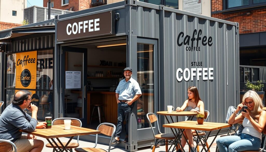 Successful shipping container coffee shop with happy customers and owner