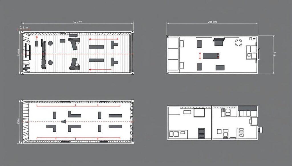 Top-down diagram showing layout options for shipping container gun ranges Top-down diagram showing layout options for shipping container gun ranges