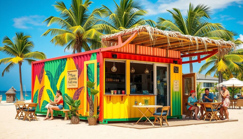 Tropical-themed shipping container coffee shop near a beach