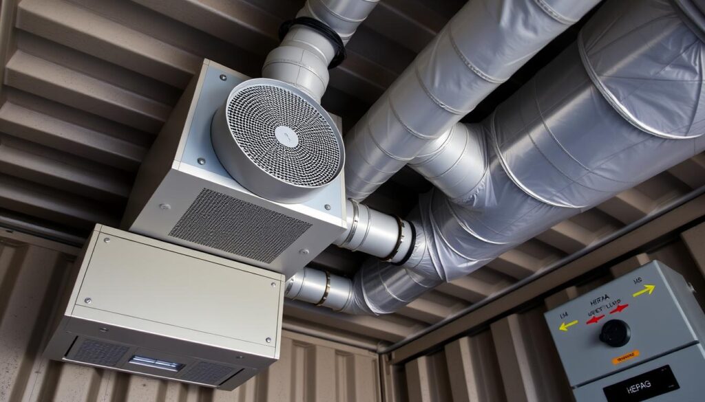 Ventilation system in a shipping container gun range showing HEPA filters and ductwork Ventilation system in a shipping container gun range showing HEPA filters and ductwork