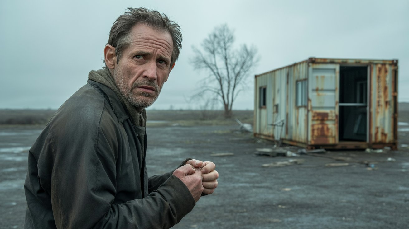 A cinematic portrait photograph of a weathered man with a deeply concerned expression etched on his face. He stands slightly hunched, his hands clasped tightly, gazing towards a dilapidated container home in the distance – the side of the structure shows significant rust and corrosion. The setting is a desolate, overcast industrial landscape with muted grey tones and scattered debris, creating a sense of abandonment and quiet despair, with a single bare tree silhouetted against the sky. Soft, diffused lighting emphasizes the man’s weary features and the grim reality of his surroundings, hinting at a story of hardship and resilience.