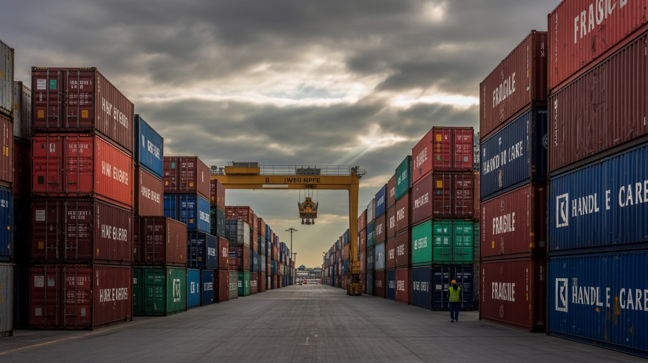 A photograph of a bustling airport freight yard filled with hundreds of stacked shipping containers. The containers are a mix of weathered reds, blues, and greens, with a few bearing faded labels that read "FRAGILE" and "HANDLE WITH CARE". A single yellow crane stands prominently in the foreground, poised to lift a container, with shafts of sunlight breaking through the overcast sky, highlighting dust particles suspended in the air. The scene evokes a sense of global commerce and relentless movement, with a lone worker in a reflective vest visible in the distance.