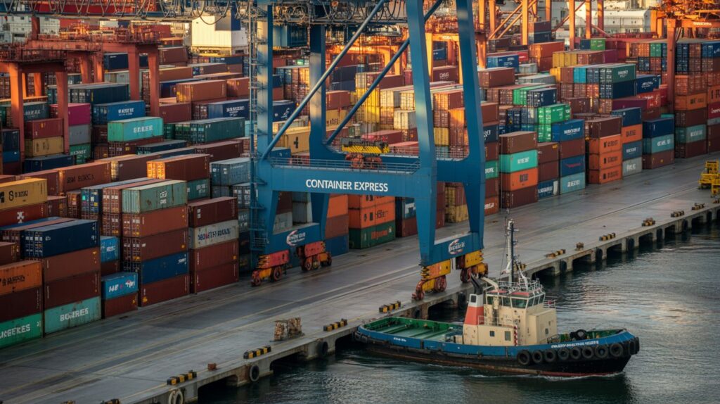 Understanding What a TEU Is A photograph of a bustling port filled with towering stacks of brightly colored shipping containers. The containers are a mix of deep blues, vibrant oranges, and weathered greens, arranged in a chaotic yet organized fashion along the docks. A large crane dominates the scene, its arm extended as it carefully moves a container, while a small tugboat with the words "CONTAINER EXPRESS" painted on its side churns through the water. The scene is bathed in the warm glow of a late afternoon sun, casting long shadows across the concrete and creating a dynamic atmosphere.