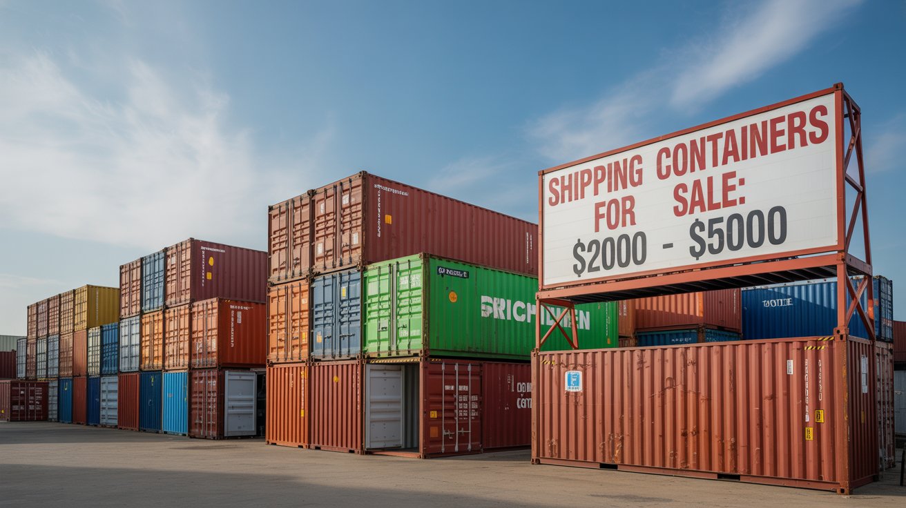 A photograph of a bustling shipping container dealership under a clear blue sky. Several brightly colored shipping containers are arranged in neat rows, with a large sign prominently displaying "Shipping Containers For Sale: $2000 - $5000" in bold red letters. Each container exhibits slight variations in color and wear, adding to the sense of a real, working lot, with a few showcasing open doors revealing their spacious interiors. Soft sunlight illuminates the scene, casting gentle shadows and emphasizing the metallic texture of the containers.