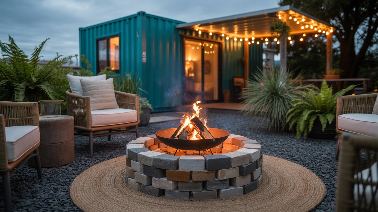 A photograph of a cozy fire pit area designed for intimate gatherings, featuring a circular fire bowl nestled within a stack of grey and brown stones. The fire bowl crackles with warm orange and yellow flames, casting a gentle glow on the surrounding gravel patio and the exterior of a vibrant teal shipping container home. Comfortable woven chairs with cream-colored cushions and a textured jute rug surround the fire pit, while a nearby pergola draped with twinkling fairy lights provides soft overhead illumination, completing the rustic ambiance under a darkening twilight sky. Lush ferns and ornamental grasses frame the space, further emphasizing the tranquil and inviting atmosphere.