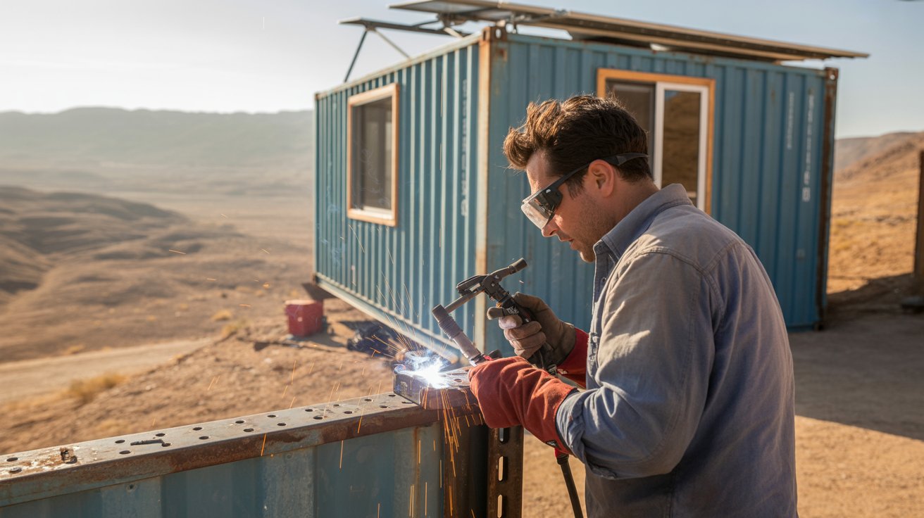 A photograph of a determined man welding a steel shipping container, positioned on a sloped lot overlooking a vast desert landscape. The man, wearing a faded blue work shirt and safety glasses, is focused intently on his work, sparks flying from the welding torch. The partially constructed container home features a large window framing the desert view, and solar panels are visible on the roof. Warm afternoon sunlight bathes the scene, casting long shadows and highlighting the rugged textures of the desert.